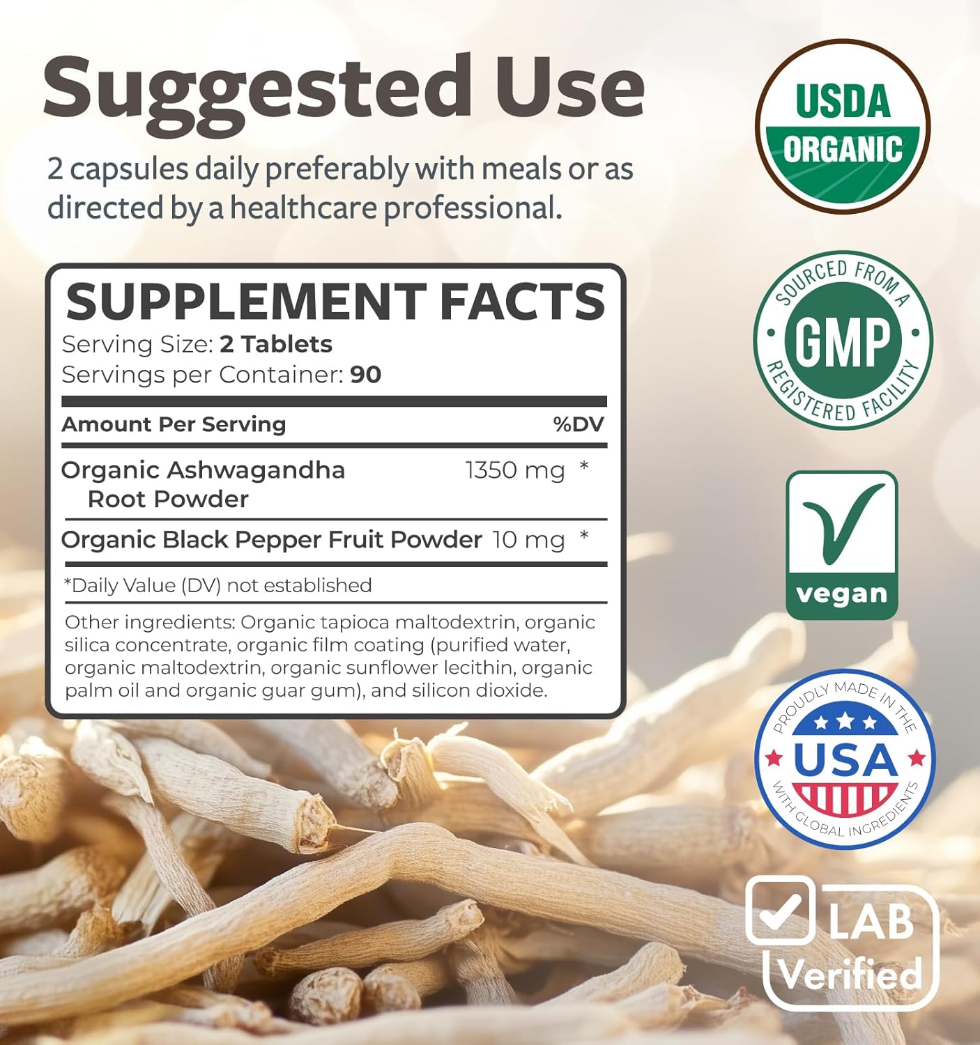 USDA Organic Ashwagandha Tablets (180 ct) - 1350mg Ashwagandha Root Powder with Black Pepper - Natural Adrenal, Cortisol, Thyroid & Immune Support - Vegetarian Friendly