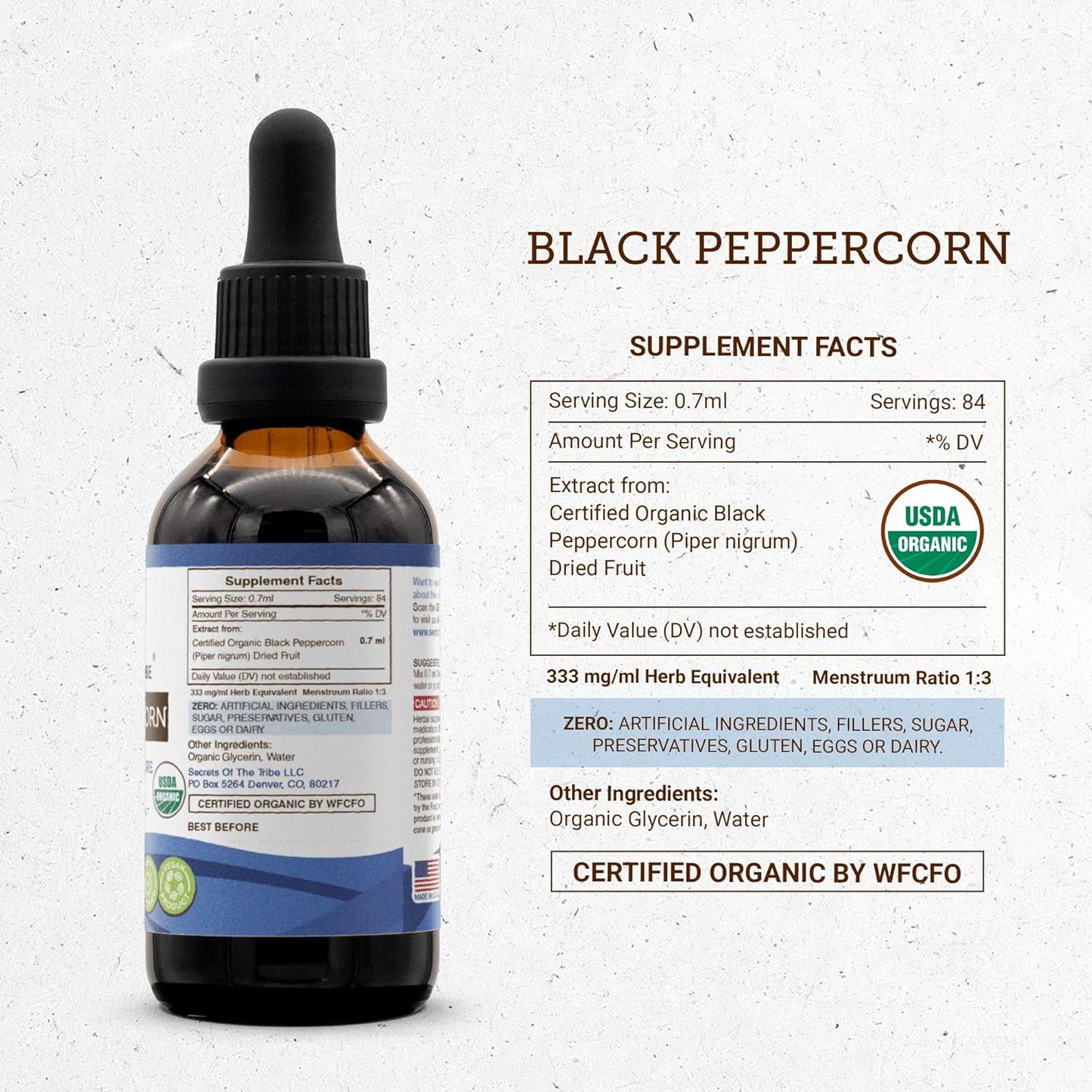 USDA Organic Black Peppercorn Liquid Extract - Alcohol-Free Tincture Supplement (2 FL OZ) by Secrets of the Tribe