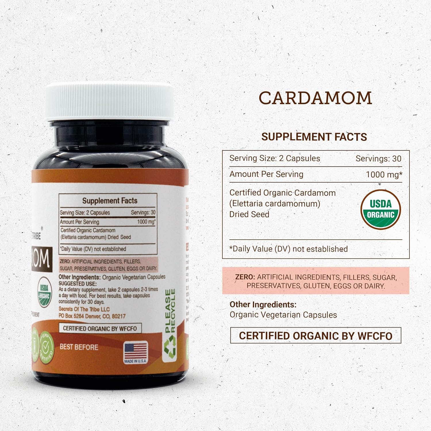 USDA Organic Cardamom 60 Capsules in Vegetable Capsules by Secrets of the Tribe