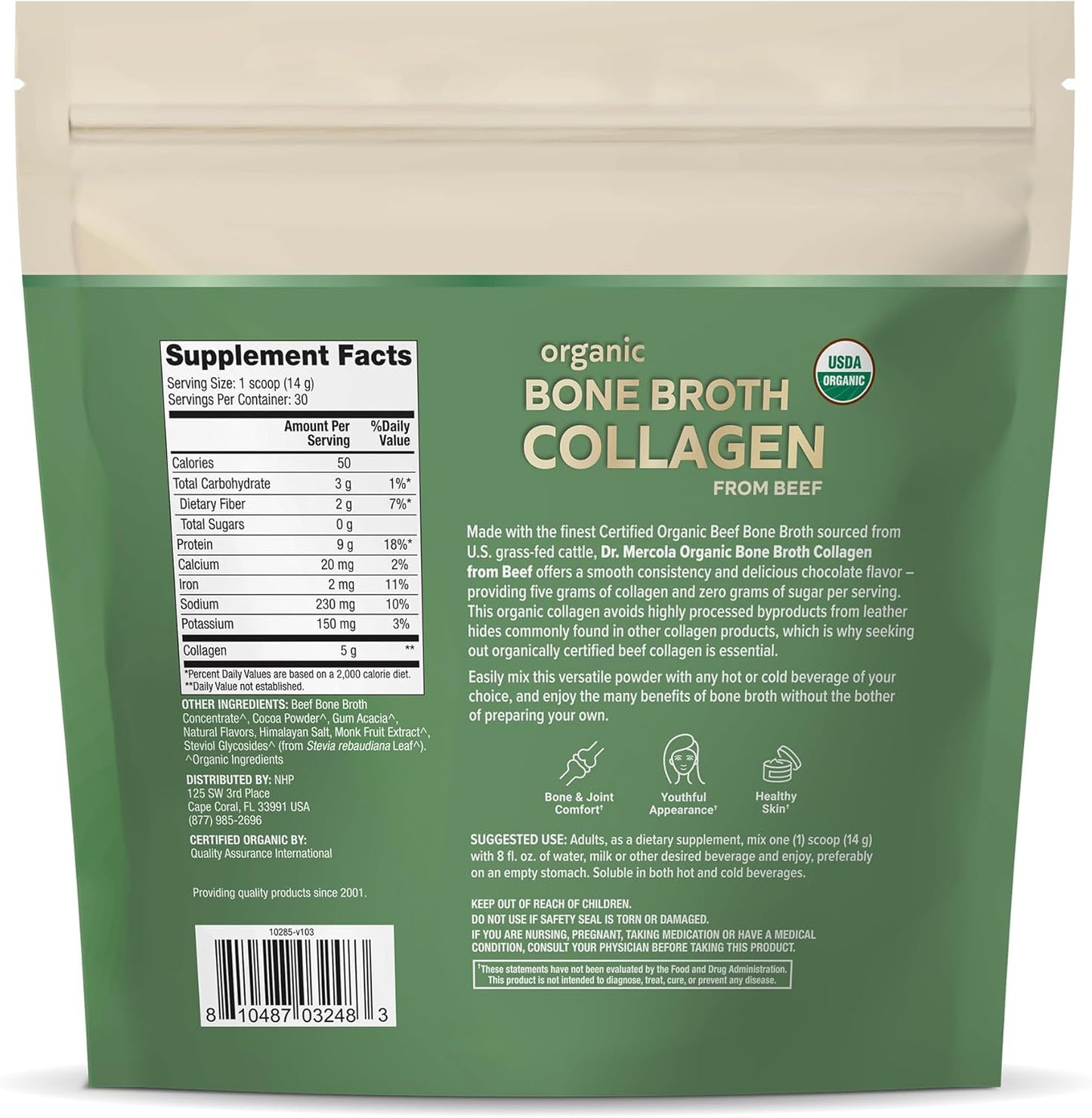 USDA Organic Chocolate Bone Broth Collagen Powder - 30 Servings, Supports Bone & Joint Comfort, Non-GMO Dietary Supplement by Dr. Mercola