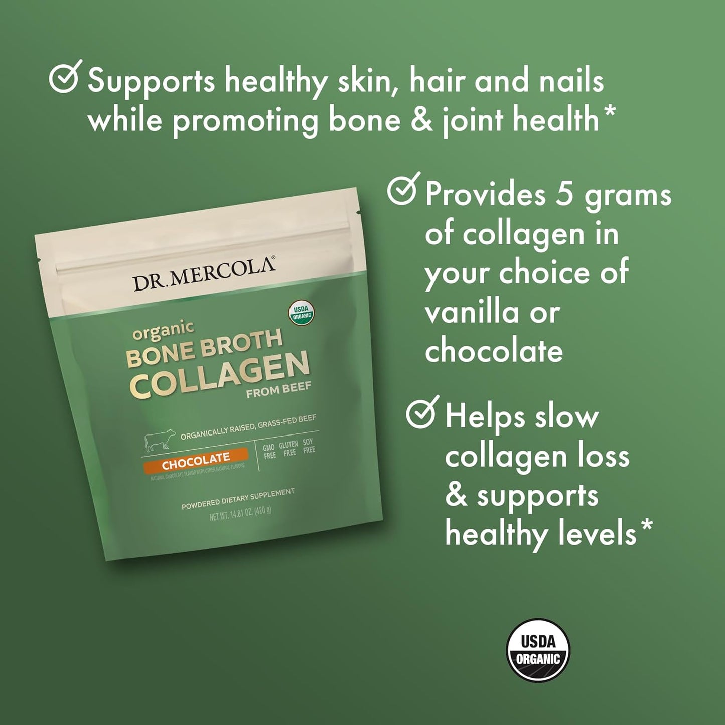 USDA Organic Chocolate Bone Broth Collagen Powder - 30 Servings, Supports Bone & Joint Comfort, Non-GMO Dietary Supplement by Dr. Mercola
