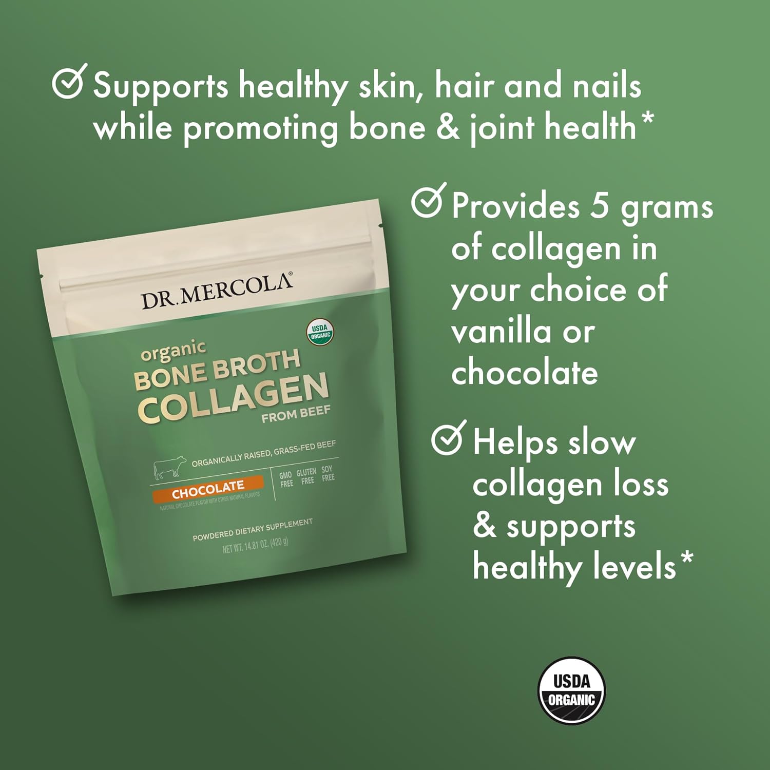 USDA Organic Chocolate Bone Broth Collagen Powder - 30 Servings, Supports Bone & Joint Comfort, Non-GMO Dietary Supplement by Dr. Mercola
