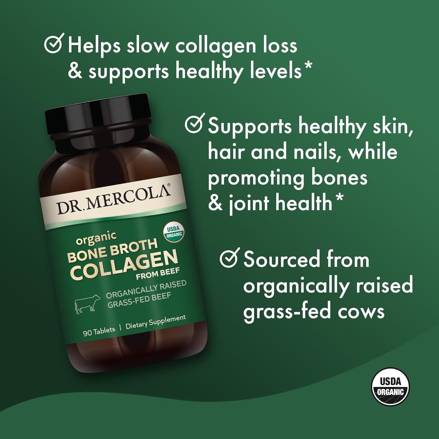 USDA Organic Dr. Mercola Bone Broth Collagen Tablets - 30 Servings, Grass-Fed Beef Supplement for Bone & Joint Support, Non-GMO