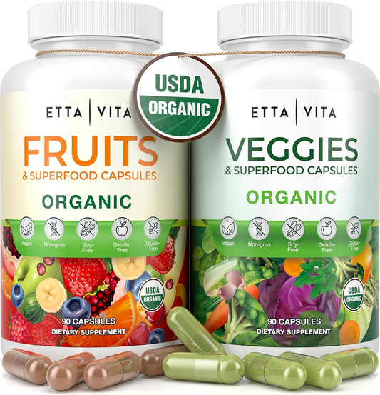 USDA Organic Fruits and Veggies Supplement - 180 Capsules for Energy Boost - Vegan, Non-GMO, Gluten-Free - Made in USA