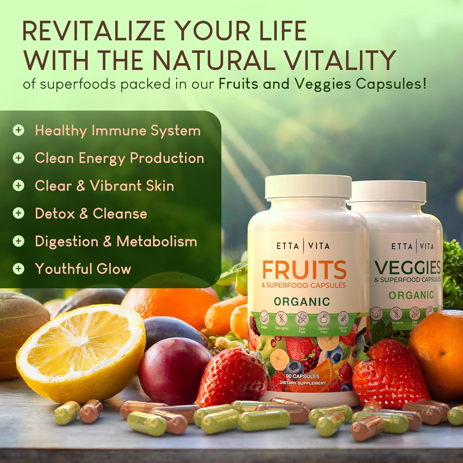 USDA Organic Fruits and Veggies Supplement - 180 Capsules for Energy Boost - Vegan, Non-GMO, Gluten-Free - Made in USA
