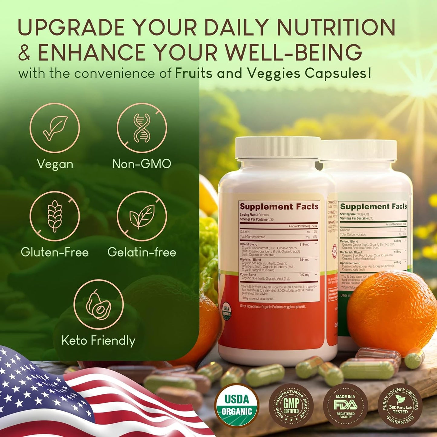 USDA Organic Fruits and Veggies Supplement - 180 Capsules for Energy Boost - Vegan, Non-GMO, Gluten-Free - Made in USA