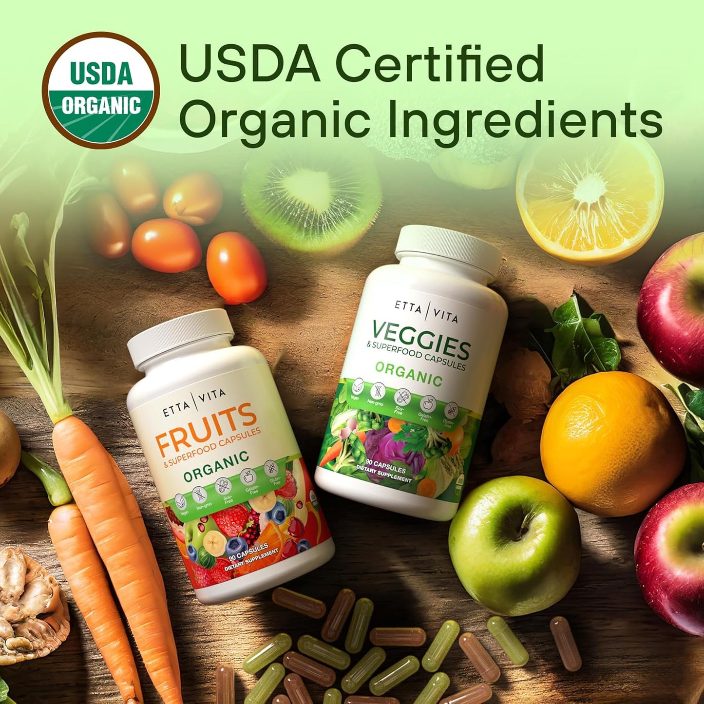 USDA Organic Fruits and Veggies Supplement - 180 Capsules for Energy Boost - Vegan, Non-GMO, Gluten-Free - Made in USA