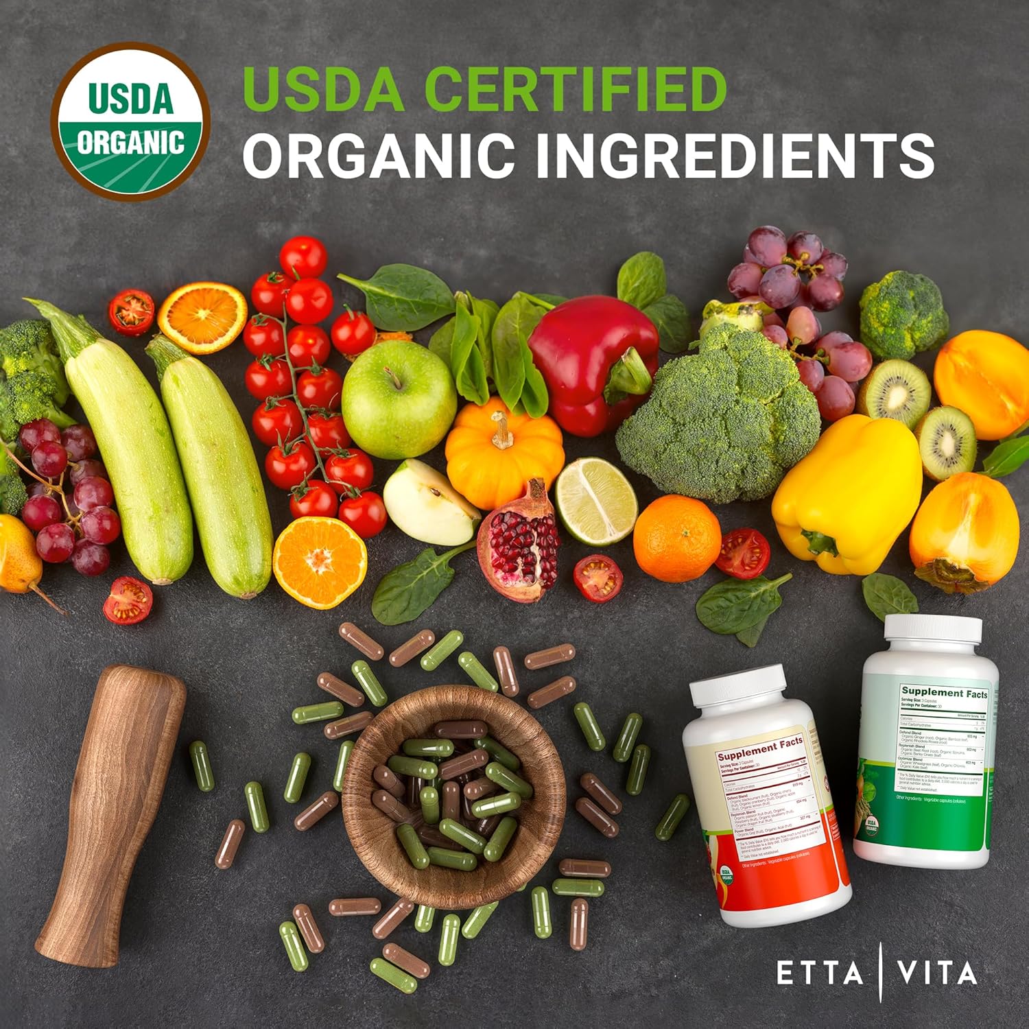 USDA Organic Fruits and Veggies Supplement - 180 Capsules for Energy Boost - Vegan, Non-GMO, Gluten-Free - Made in USA