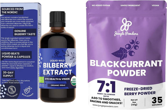 USDA Organic Jungle Powders Wild Bilberry & Black Currant Extract Bundle - 3.4oz Freeze Dried Powder for Smoothies & Eye Health