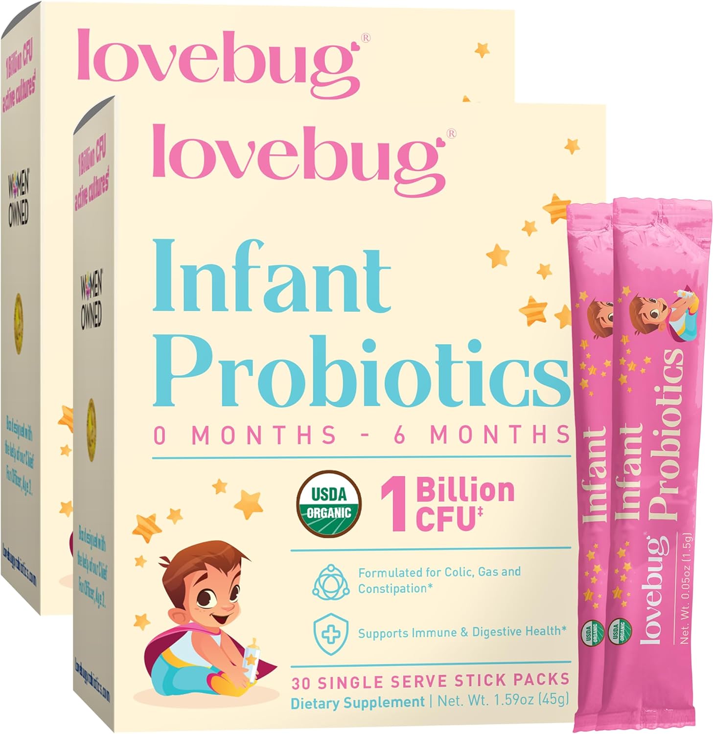 USDA Organic Lovebug Infant Probiotics 0-6 Months - Baby Gas, Colic, Reflux Relief - Allergen & Sugar Free, 30 Pack