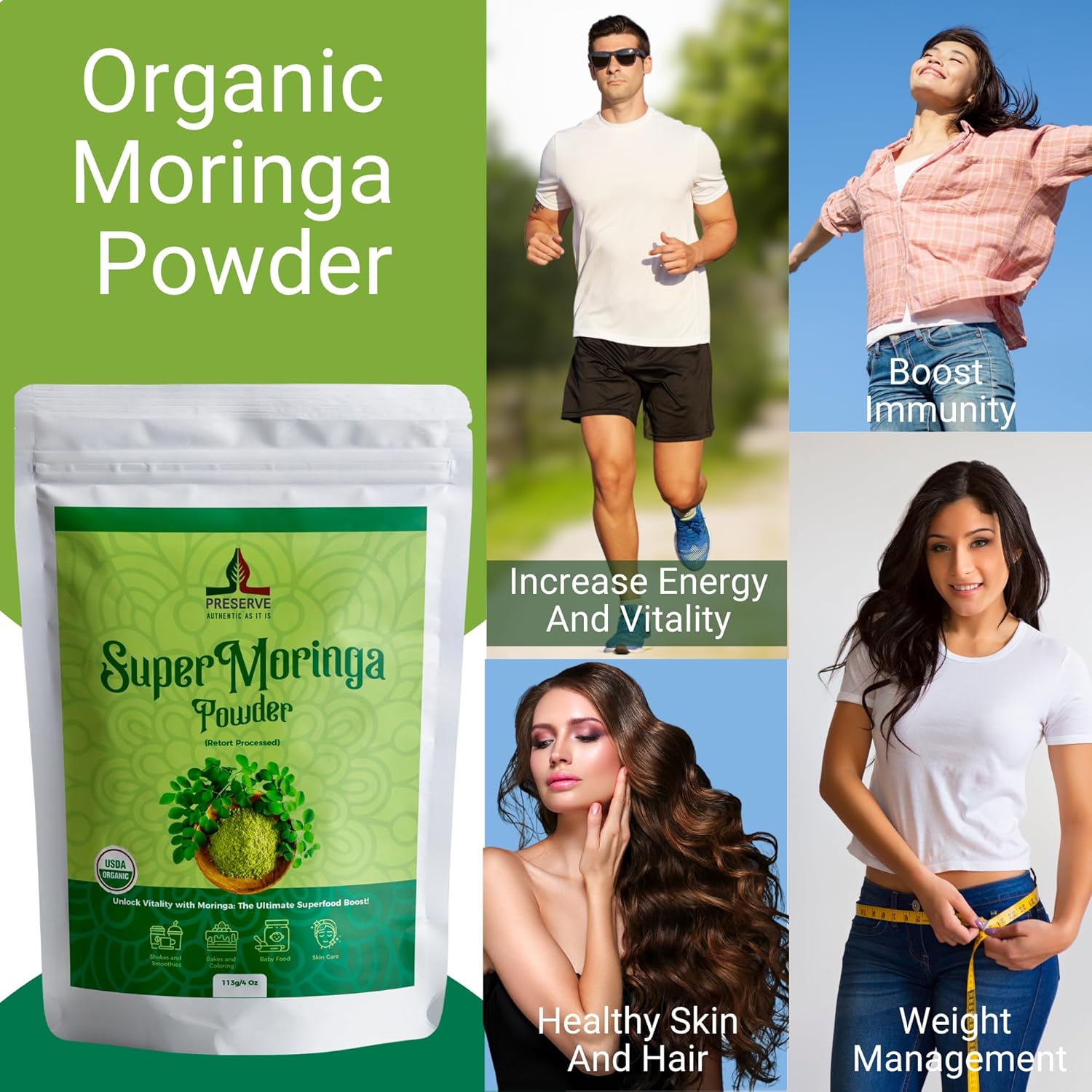 USDA Organic Moringa Leaf Powder | Gluten-Free & Vegan | Perfect for Smoothies & Recipes | Super Green Food, 113g/4oz
