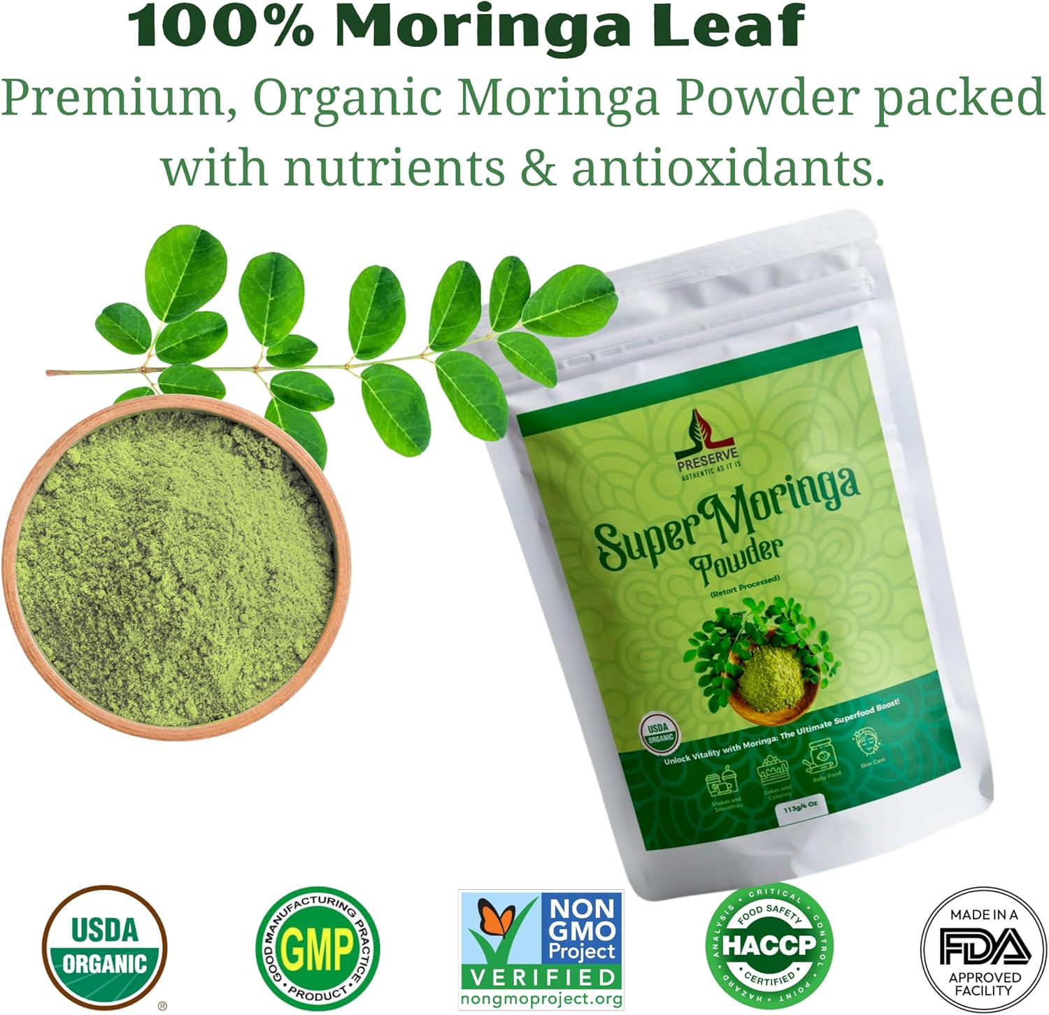 USDA Organic Moringa Leaf Powder | Gluten-Free & Vegan | Perfect for Smoothies & Recipes | Super Green Food, 113g/4oz