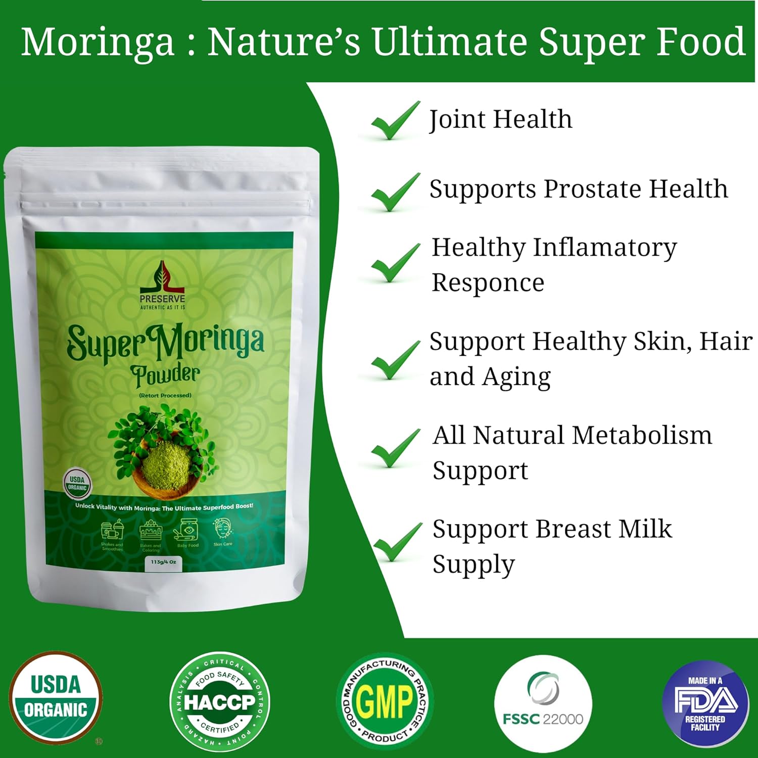 USDA Organic Moringa Leaf Powder | Gluten-Free & Vegan | Perfect for Smoothies & Recipes | Super Green Food, 113g/4oz