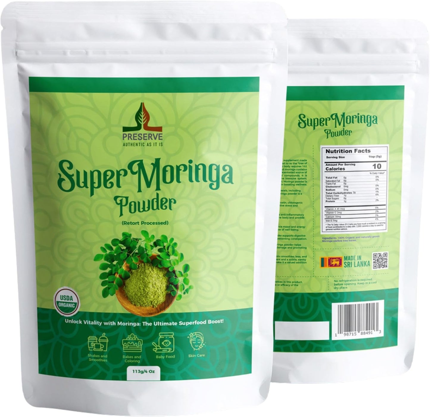 USDA Organic Moringa Leaf Powder | Gluten-Free & Vegan | Perfect for Smoothies & Recipes | Super Green Food, 113g/4oz