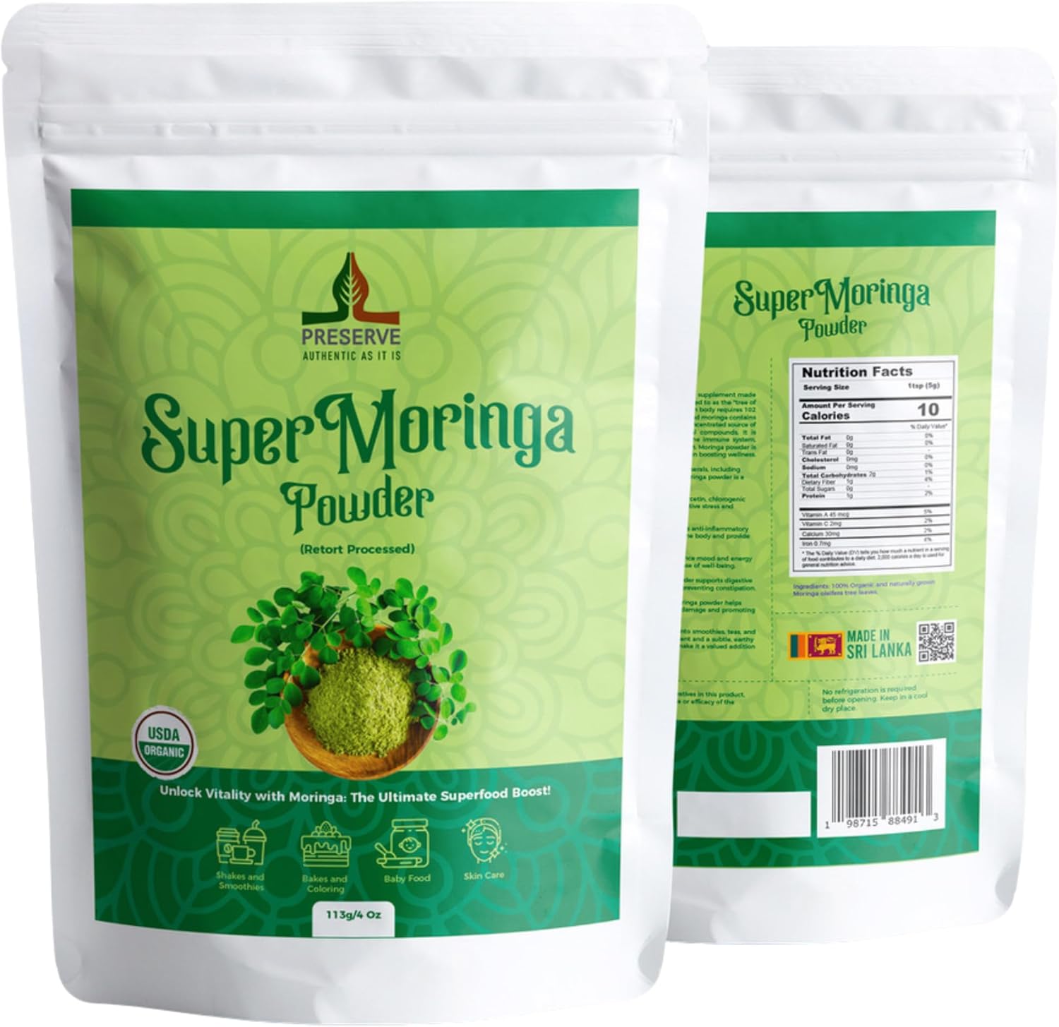 USDA Organic Moringa Leaf Powder | Gluten-Free & Vegan | Perfect for Smoothies & Recipes | Super Green Food, 113g/4oz