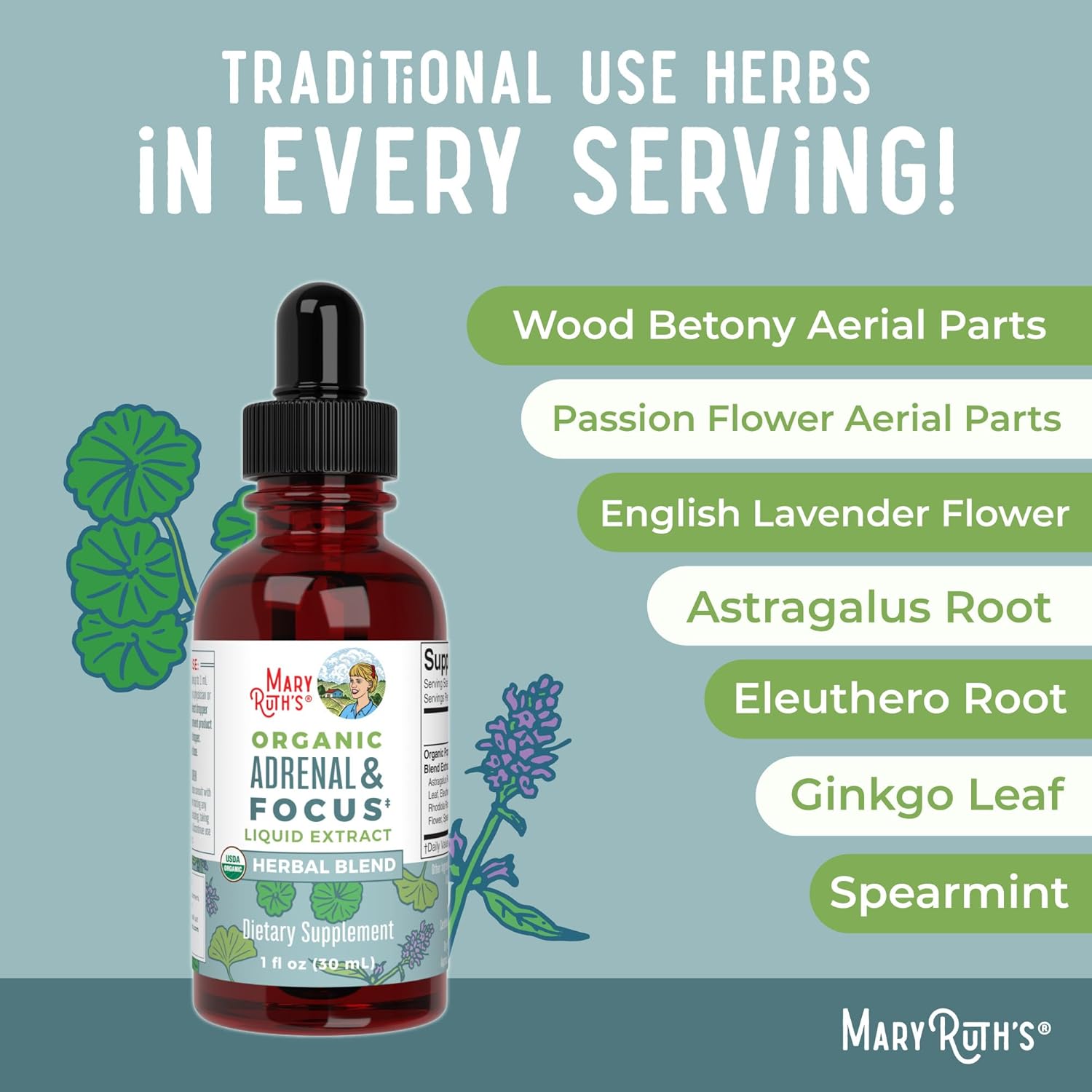 USDA Organic Nootropic Focus Supplement with Ginkgo Biloba for Brain, Memory, and Adrenal Support by MaryRuth Organics