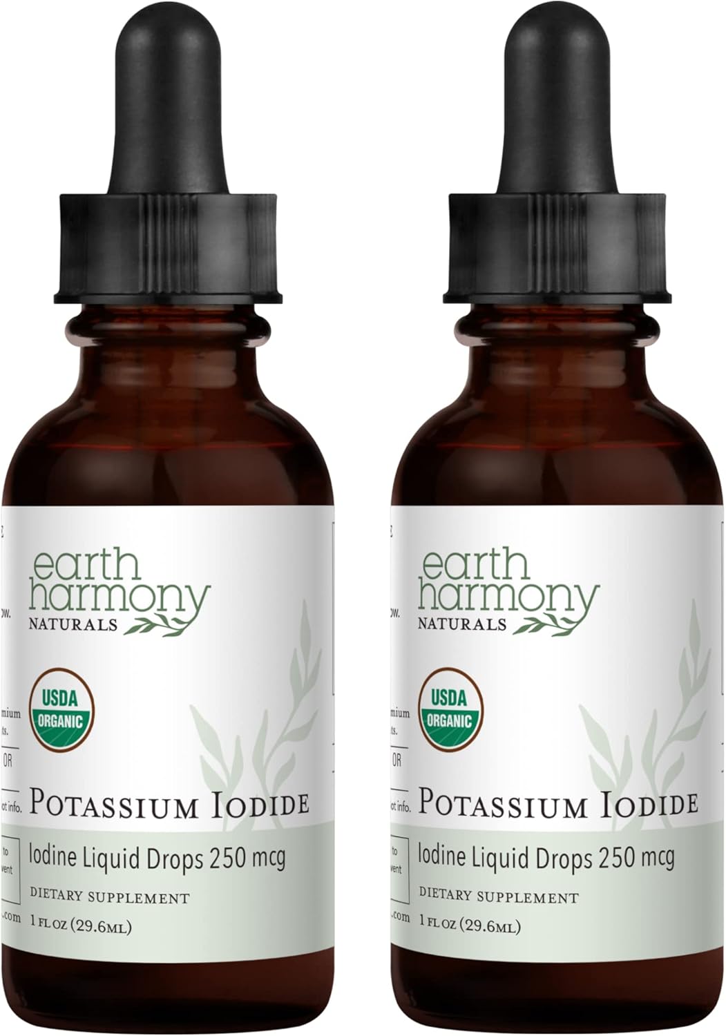 USDA Organic Potassium Iodide Liquid Supplement 2-Pack - 250 mcg (1-Year Supply) - Supports Thyroid Gland, Iodine Levels - More Bioavailable Than Tablets - 1 Fl Oz
