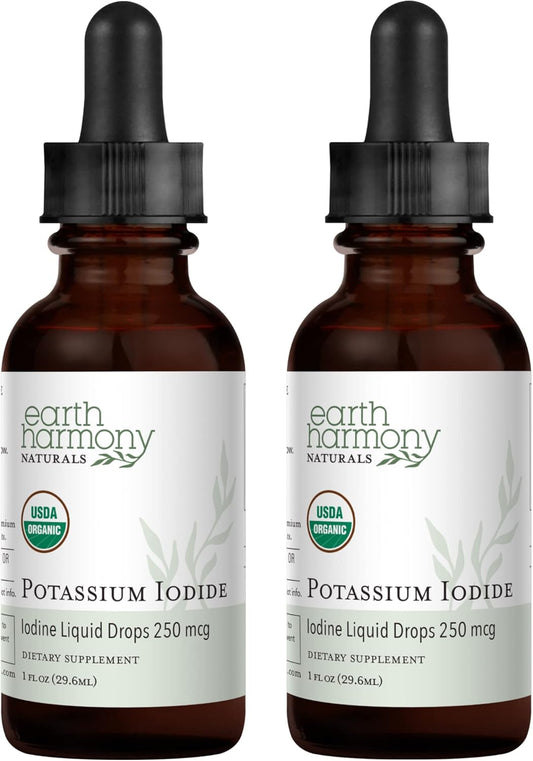 USDA Organic Potassium Iodide Liquid Supplement 2-Pack - 250 mcg (1-Year Supply) - Supports Thyroid Gland, Iodine Levels - More Bioavailable Than Tablets - 1 Fl Oz