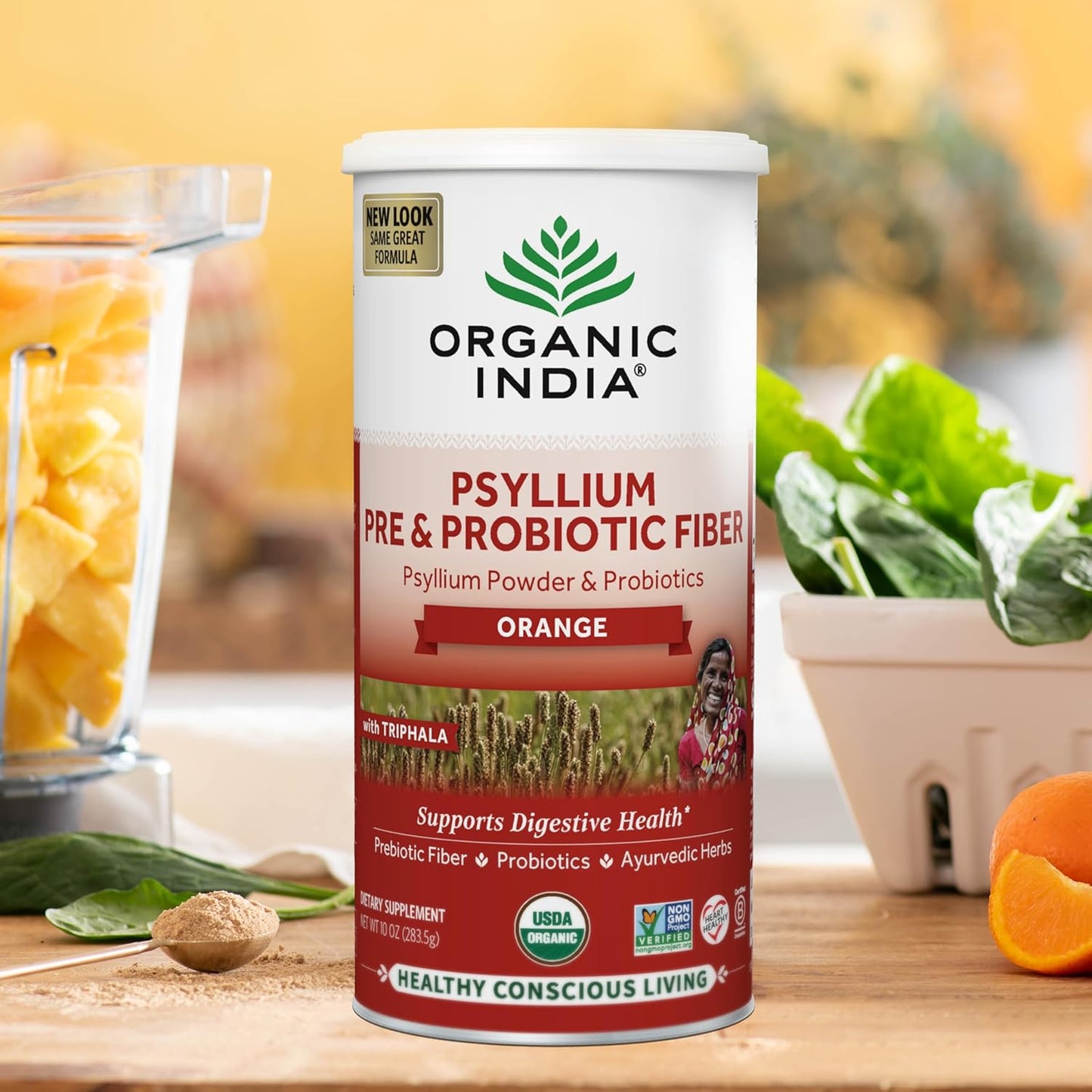 USDA Organic Psyllium Husk Powder Supplement - Orange Flavored, Vegan & Gluten Free, Whole Psyllium Husk Fiber with Pre & Probiotics - 10 Oz