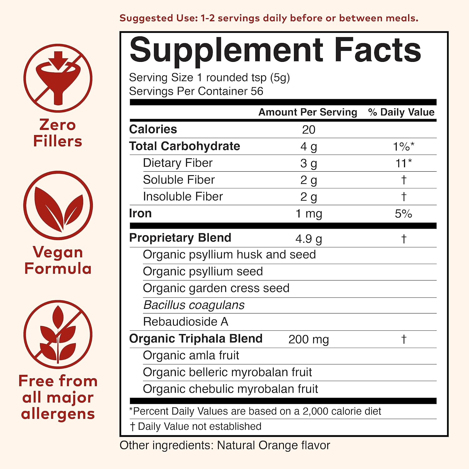 USDA Organic Psyllium Husk Powder Supplement - Orange Flavored, Vegan & Gluten Free, Whole Psyllium Husk Fiber with Pre & Probiotics - 10 Oz