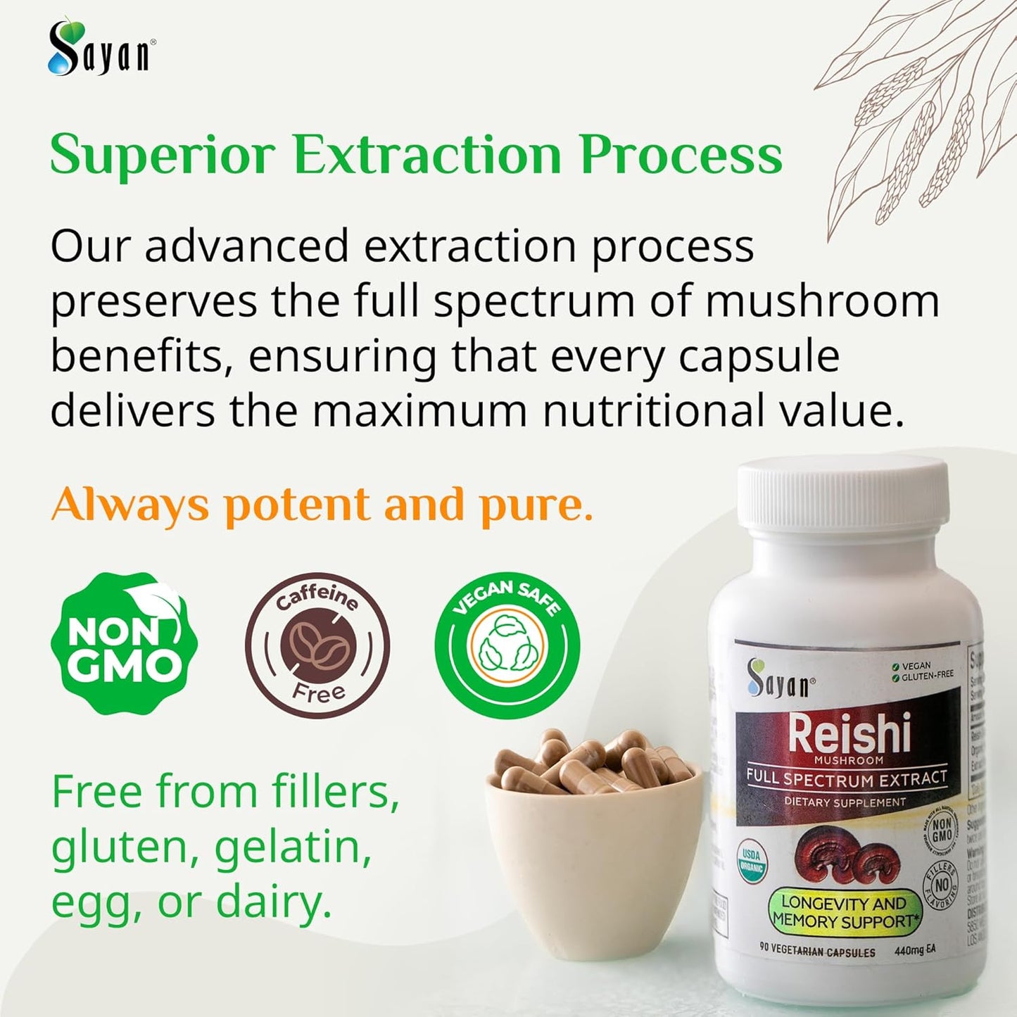USDA Organic Reishi Mushroom Extract Capsules - 90 Count, 440mg - Immune Support & Longevity Supplement - Vegan & Non-GMO with No Fillers - Pure & Potent Formula for Vitality & Wellness