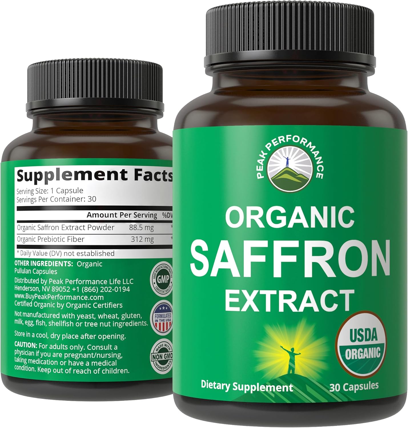 USDA Organic Saffron Extract Capsules with Prebiotic Fiber - Pure Mood & Brain Support for Women, Men, Kids - Peak Performance Supplement