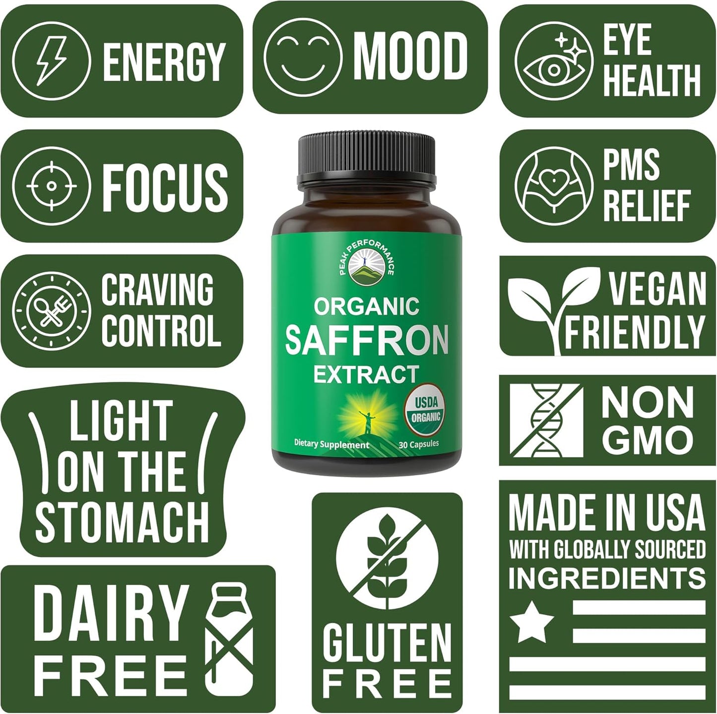 USDA Organic Saffron Extract Capsules with Prebiotic Fiber - Pure Mood & Brain Support for Women, Men, Kids - Peak Performance Supplement