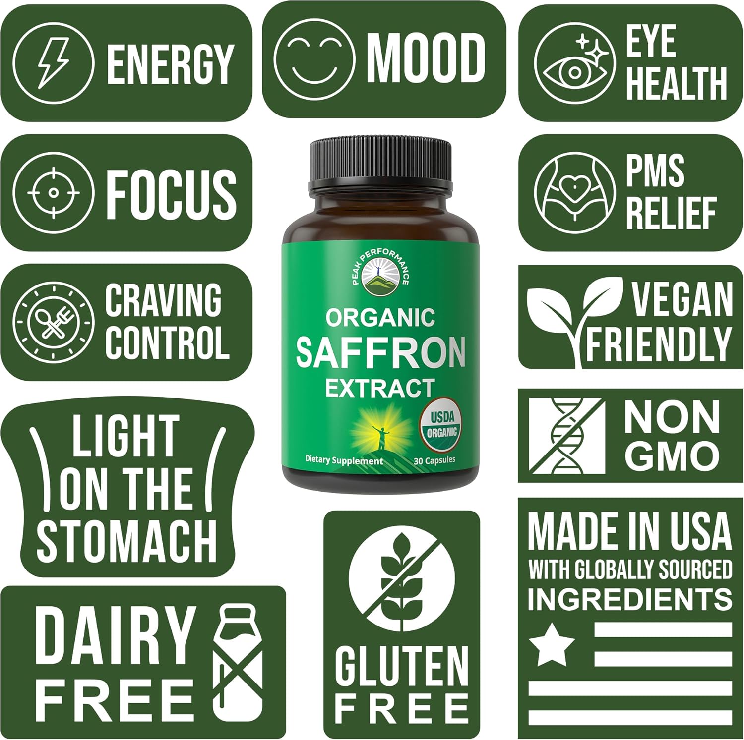 USDA Organic Saffron Extract Capsules with Prebiotic Fiber - Pure Mood & Brain Support for Women, Men, Kids - Peak Performance Supplement
