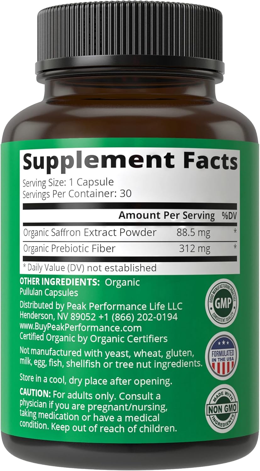 USDA Organic Saffron Extract Capsules with Prebiotic Fiber - Pure Mood & Brain Support for Women, Men, Kids - Peak Performance Supplement