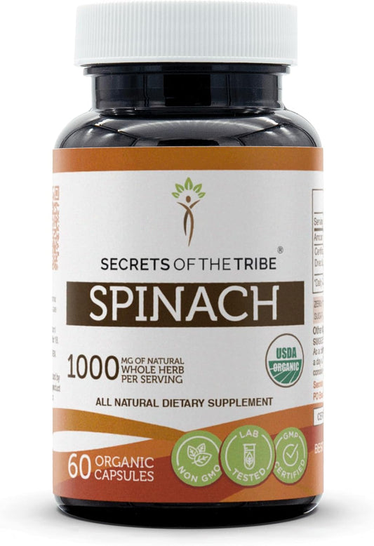 USDA Organic Spinach Capsules - 1000mg Dried Leaf, Secrets of the Tribe Spinach Supplement
