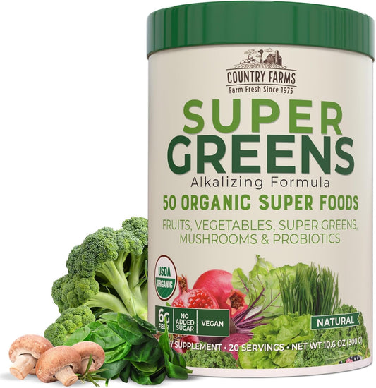 USDA Organic Super Greens Drink Mix with 50 Superfoods and Probiotics, Natural Flavor, High in Fiber, Supports Energy, Fruits and Vegetables