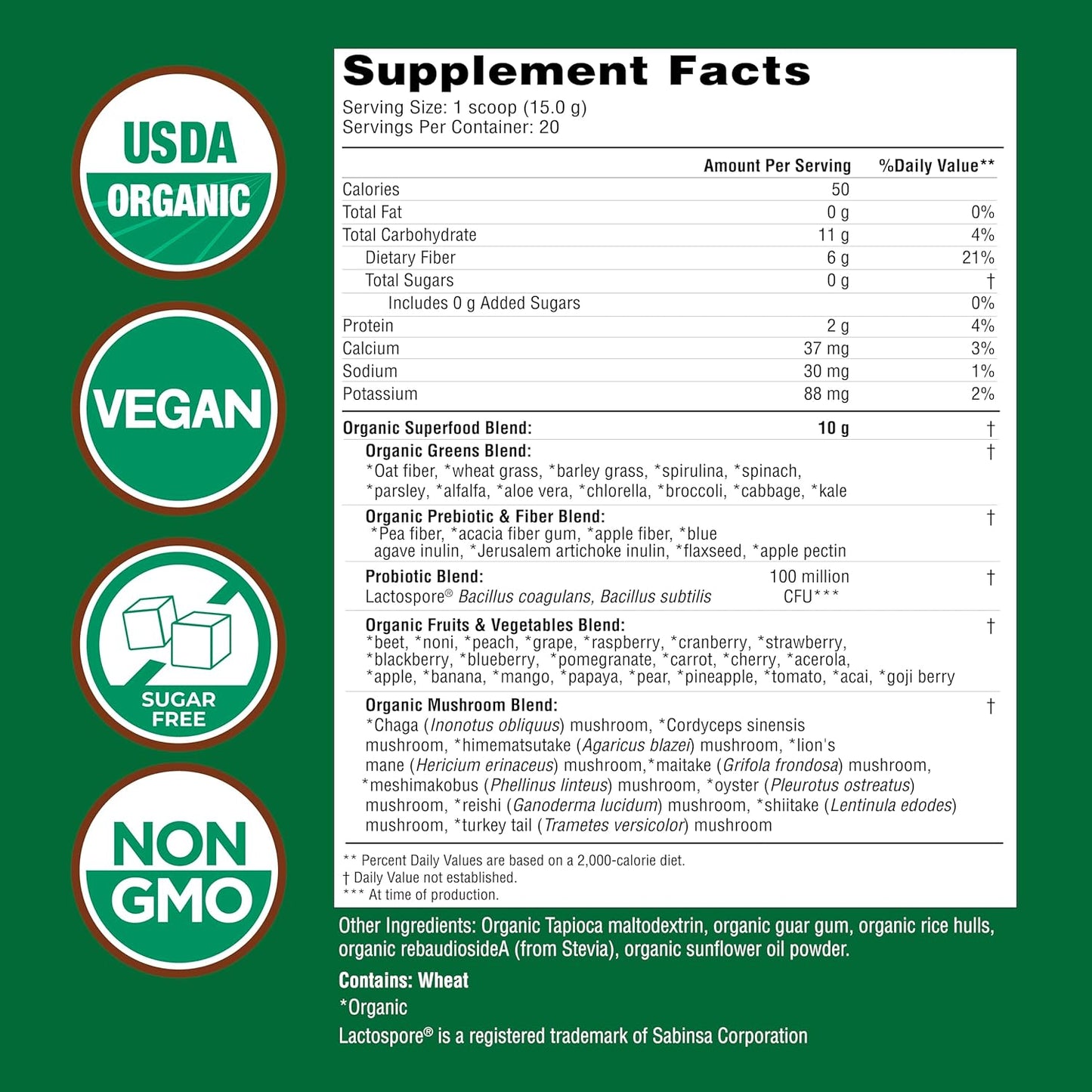 USDA Organic Super Greens Drink Mix with 50 Superfoods and Probiotics, Natural Flavor, High in Fiber, Supports Energy, Fruits and Vegetables