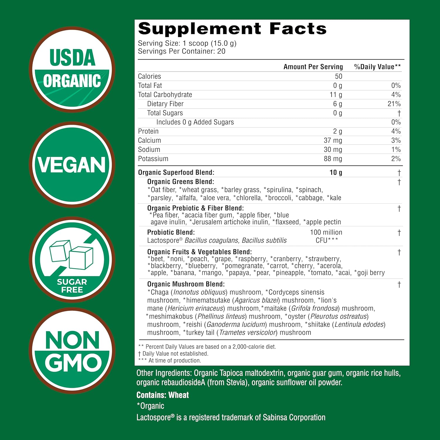 USDA Organic Super Greens Drink Mix with 50 Superfoods and Probiotics, Natural Flavor, High in Fiber, Supports Energy, Fruits and Vegetables