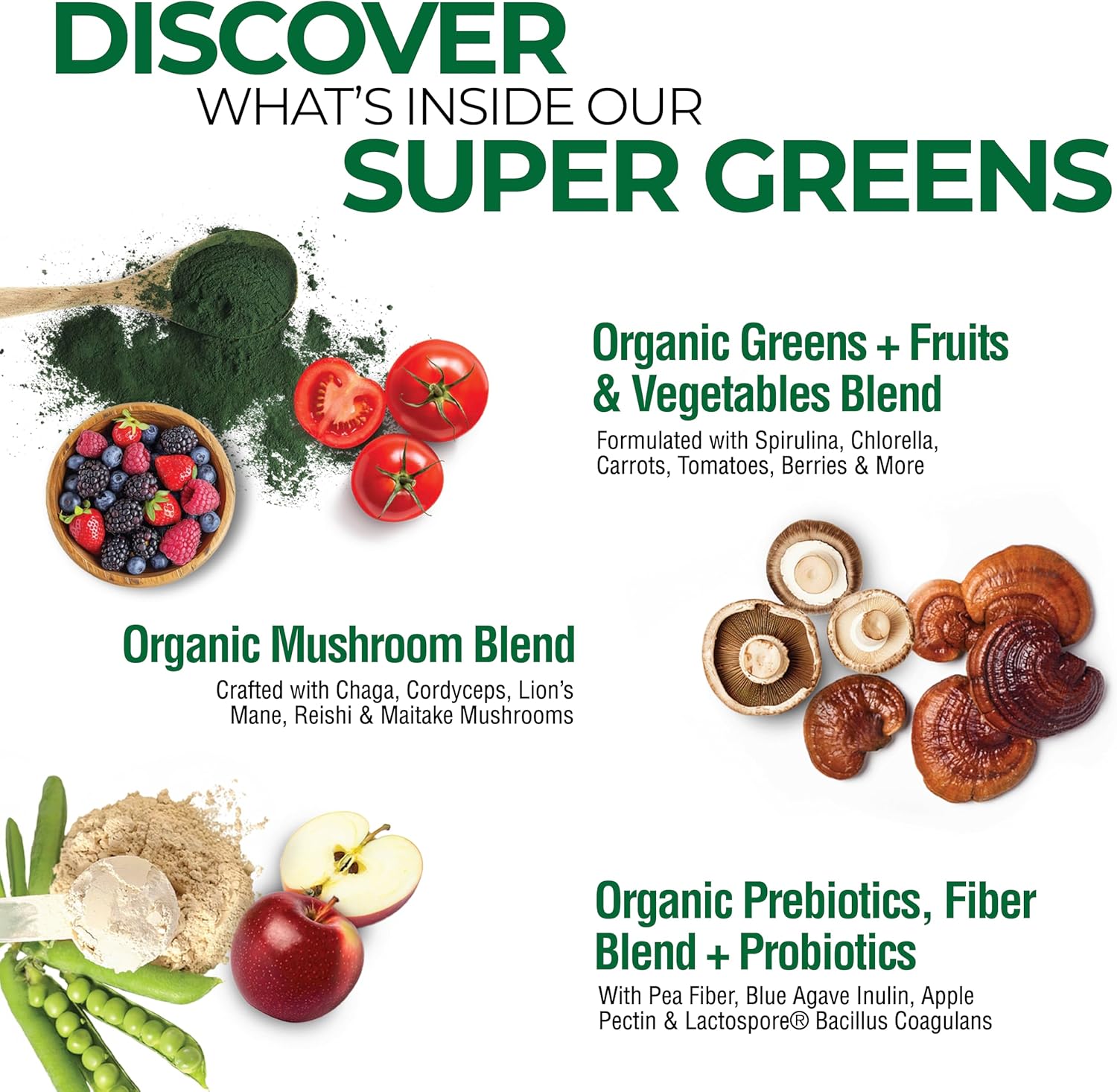 USDA Organic Super Greens Drink Mix with 50 Superfoods and Probiotics, Natural Flavor, High in Fiber, Supports Energy, Fruits and Vegetables