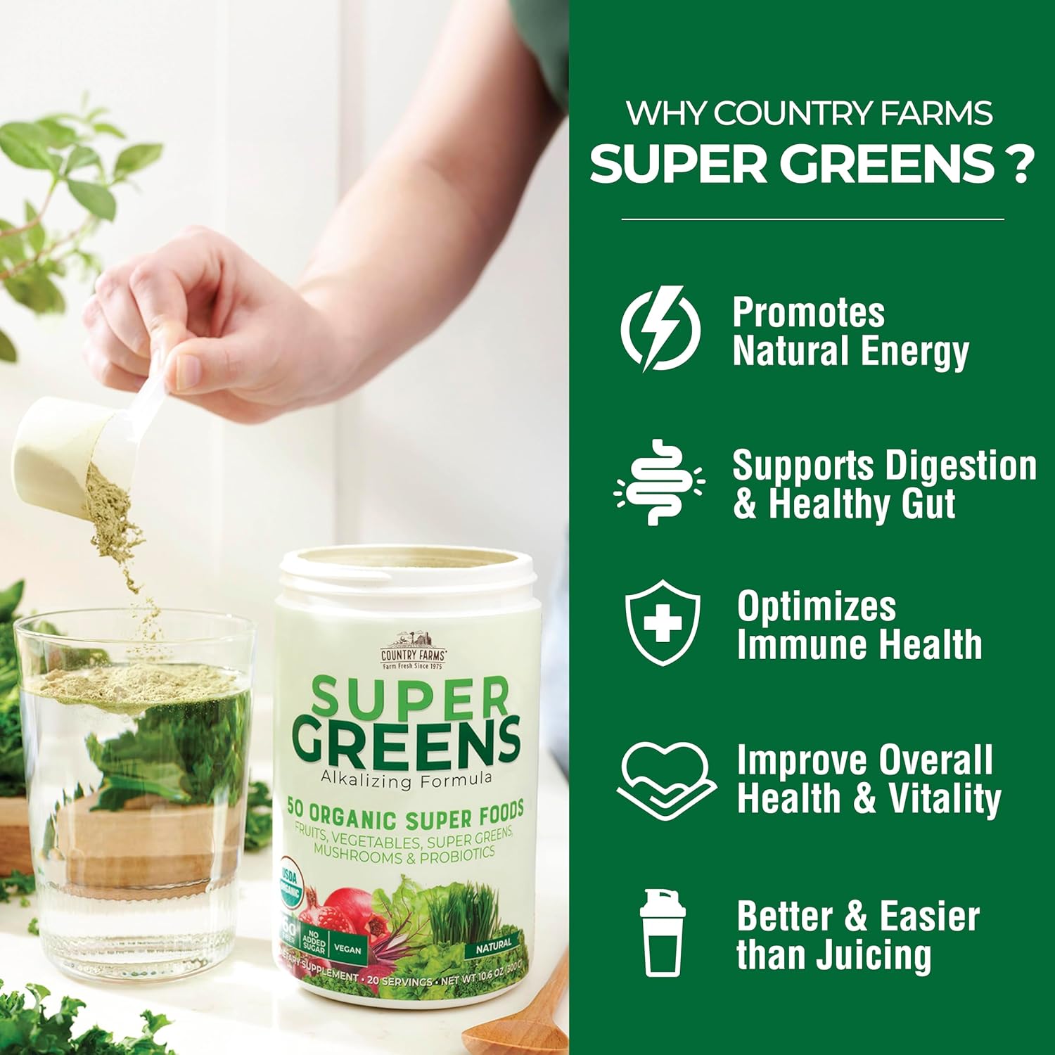 USDA Organic Super Greens Drink Mix with 50 Superfoods and Probiotics, Natural Flavor, High in Fiber, Supports Energy, Fruits and Vegetables