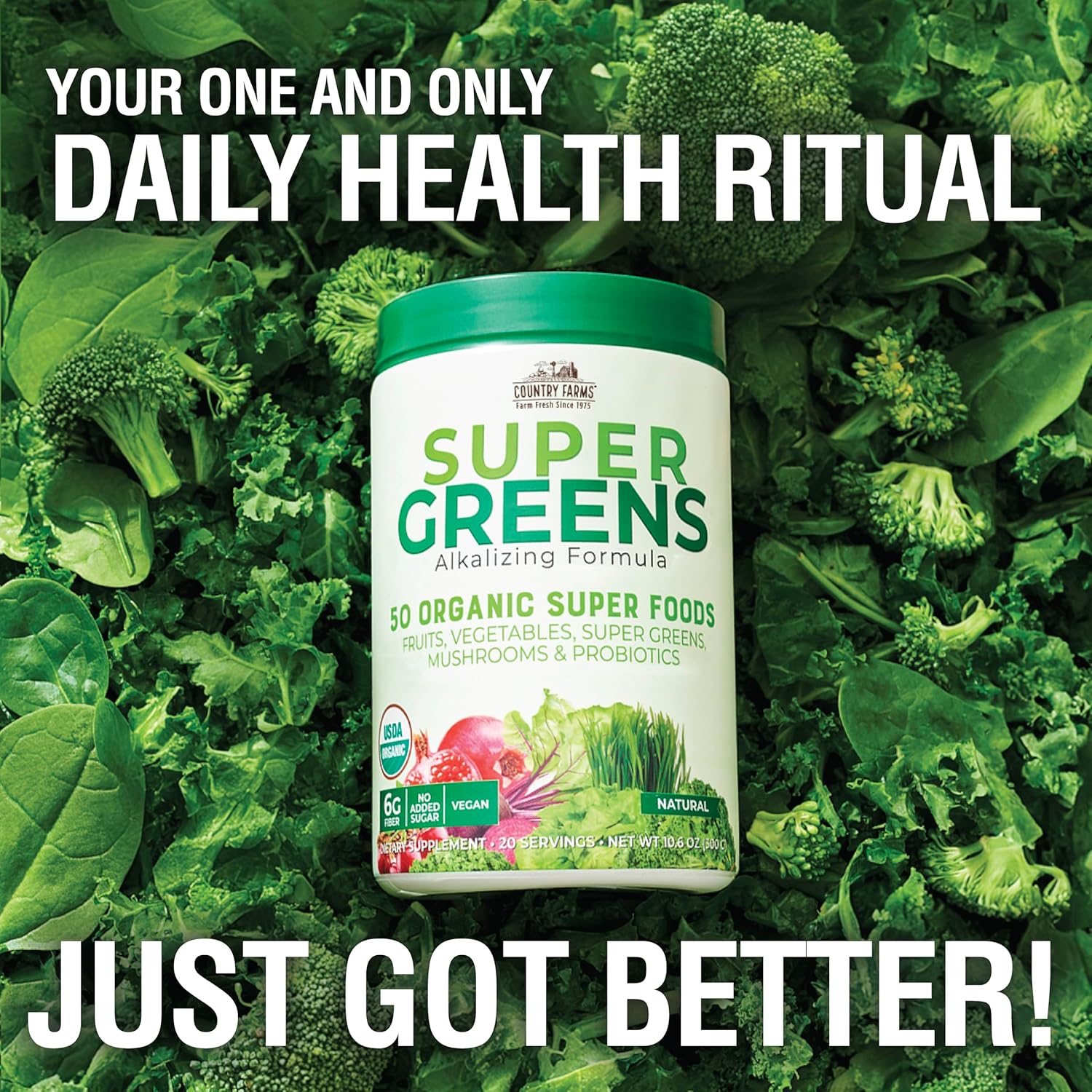 USDA Organic Super Greens Drink Mix with 50 Superfoods and Probiotics, Natural Flavor, High in Fiber, Supports Energy, Fruits and Vegetables