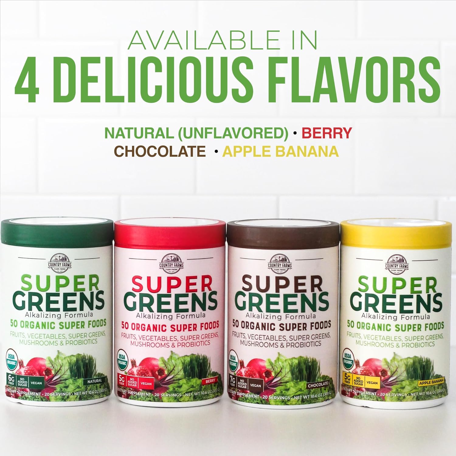 USDA Organic Super Greens Drink Mix with 50 Superfoods and Probiotics, Natural Flavor, High in Fiber, Supports Energy, Fruits and Vegetables