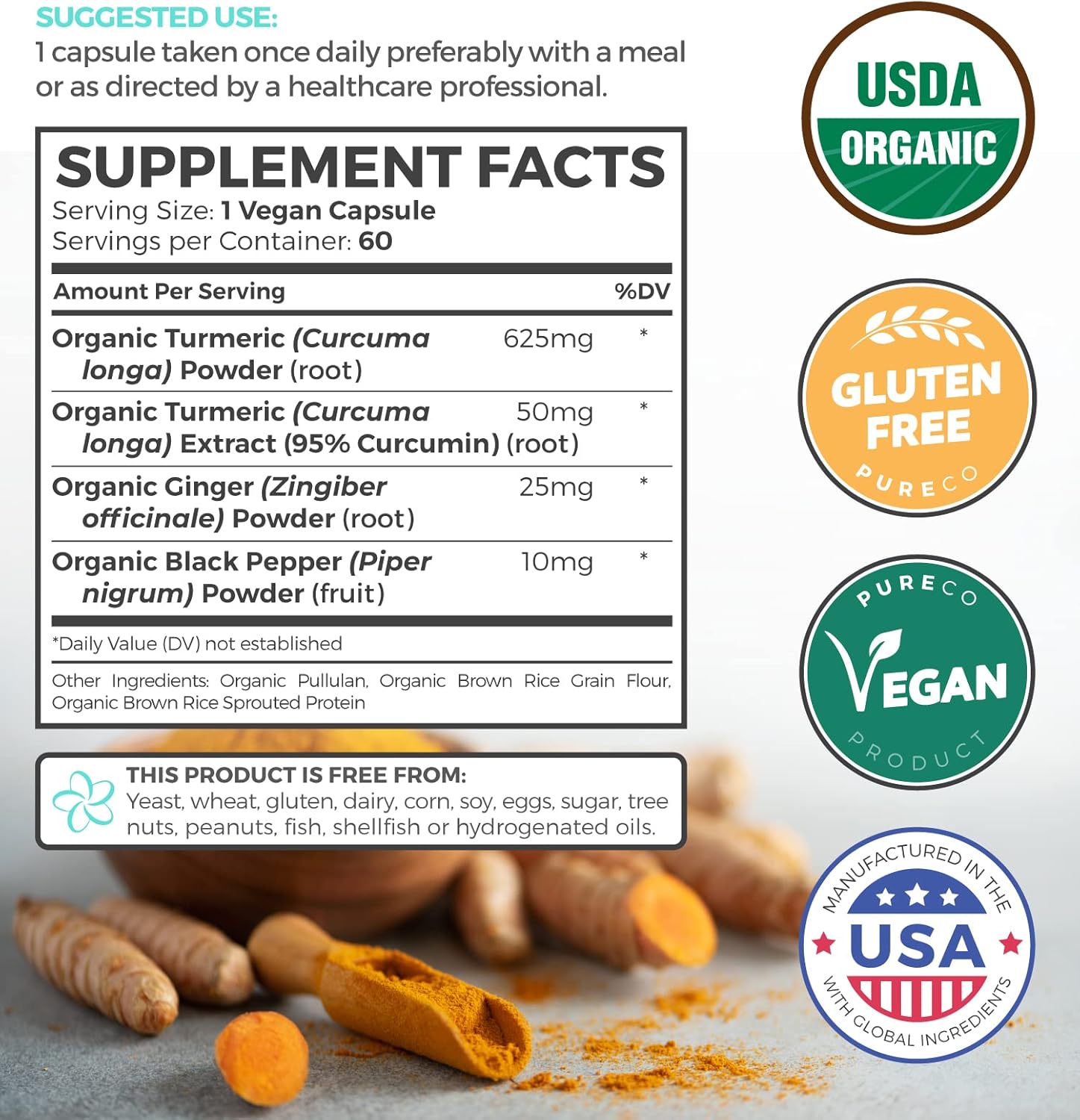 USDA Organic Turmeric Curcumin with Black Pepper and Ginger - Joint Support Supplement - 2 Month Supply - Vegan Capsules - Pure Turmeric Supplement