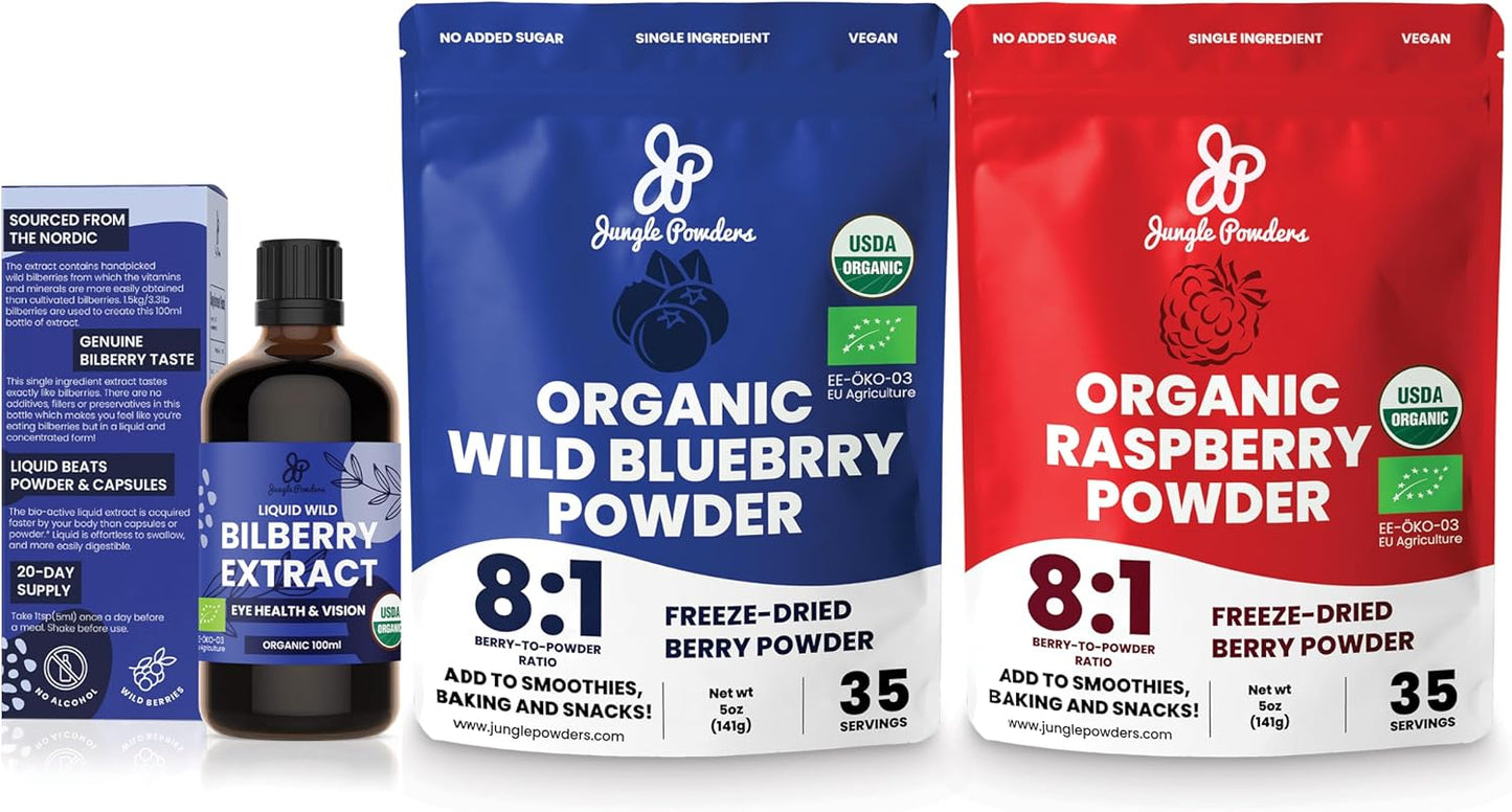 USDA Organic Wild Berry Powder Bundle for Baking & Eye Health - Bilberry, Blueberry, Raspberry Powder - Whole Berry Extracts for Eyes & Recipes