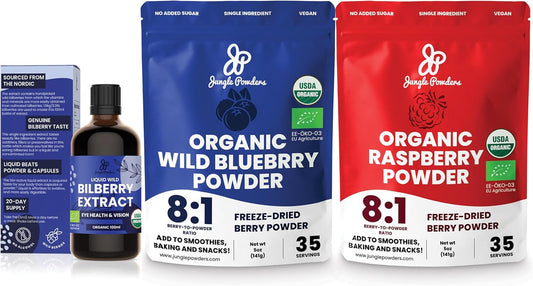 USDA Organic Wild Berry Powder Bundle for Baking & Eye Health - Bilberry, Blueberry, Raspberry Powder - Whole Berry Extracts for Eyes & Recipes