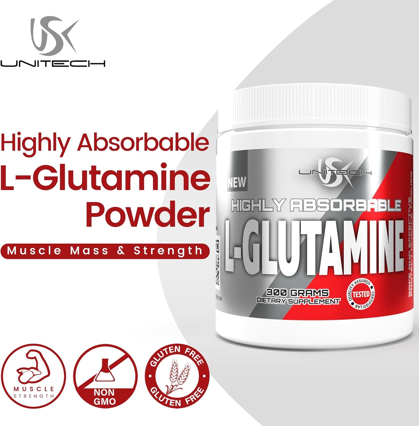USK Unitech L-Glutamine Powder - Boost Muscle Recovery, Protein Synthesis, Digestive Health, Immunity, & pH Balance - Amino Acid Supplement for Fitness - 300g Easy-to-Mix Formula