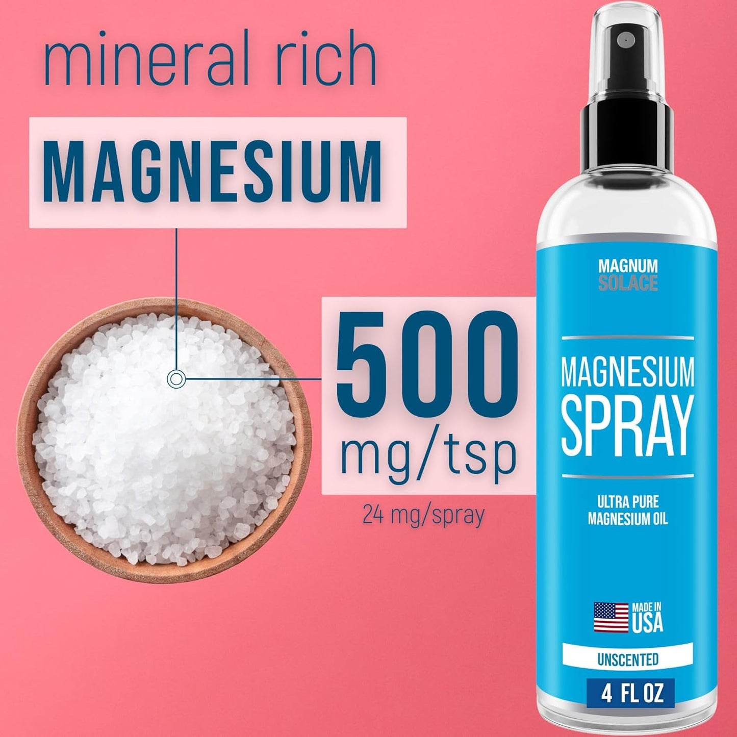 USP Grade Pure Magnesium Oil Spray by Magnum Solace - 4 oz - Made in USA Since 2008