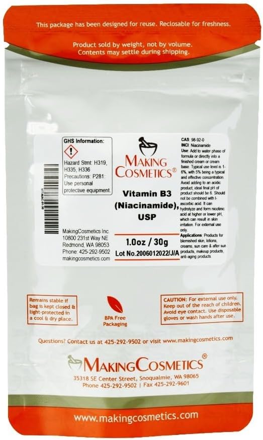 USP Grade Vitamin B3 Powder for Cosmetics - 1.0oz / 30g Cosmetic Ingredient