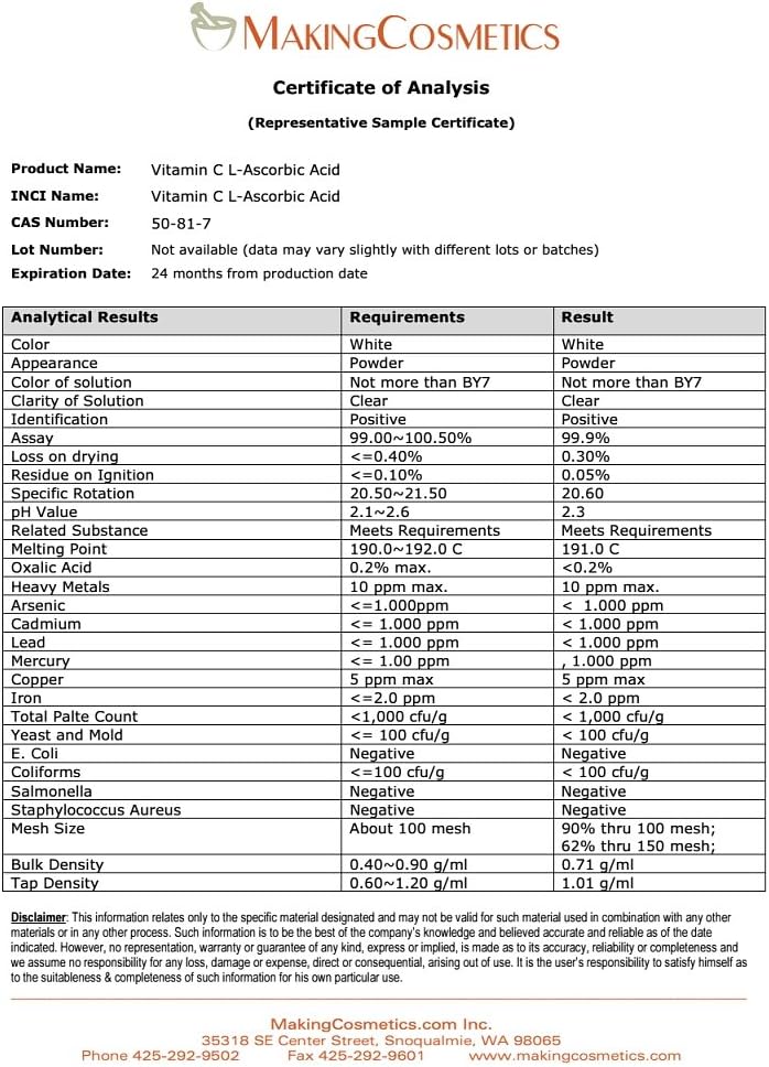 USP-Grade Vitamin C Powder (L-ascorbic acid) for Cosmetics - 3.5oz / 100g - Cosmetic Ingredient