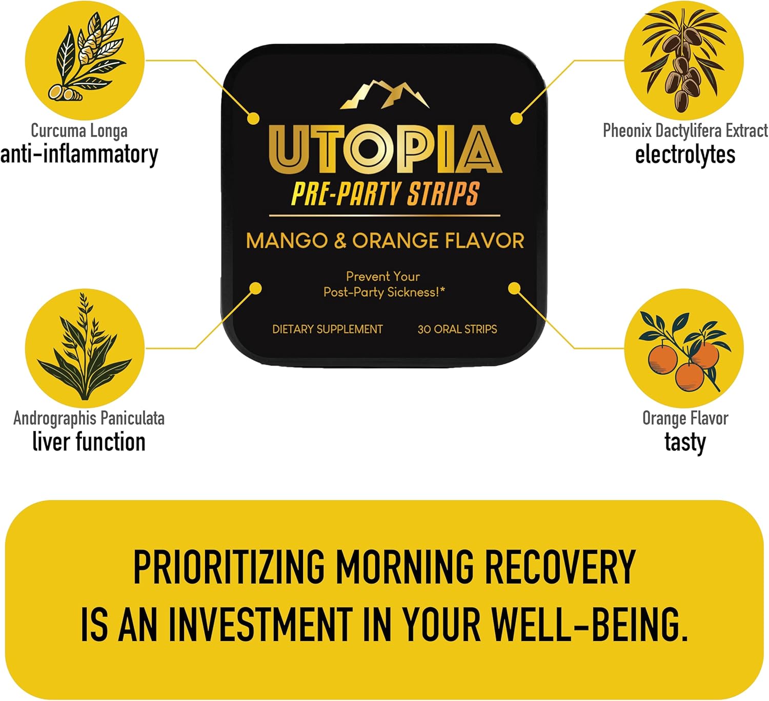 UTOPIA Strips Liver Support Supplement with Turmeric Curcumin - 30 Count - Fast-Acting Natural Mango Flavored Pre-Alcohol Relief for Partygoers