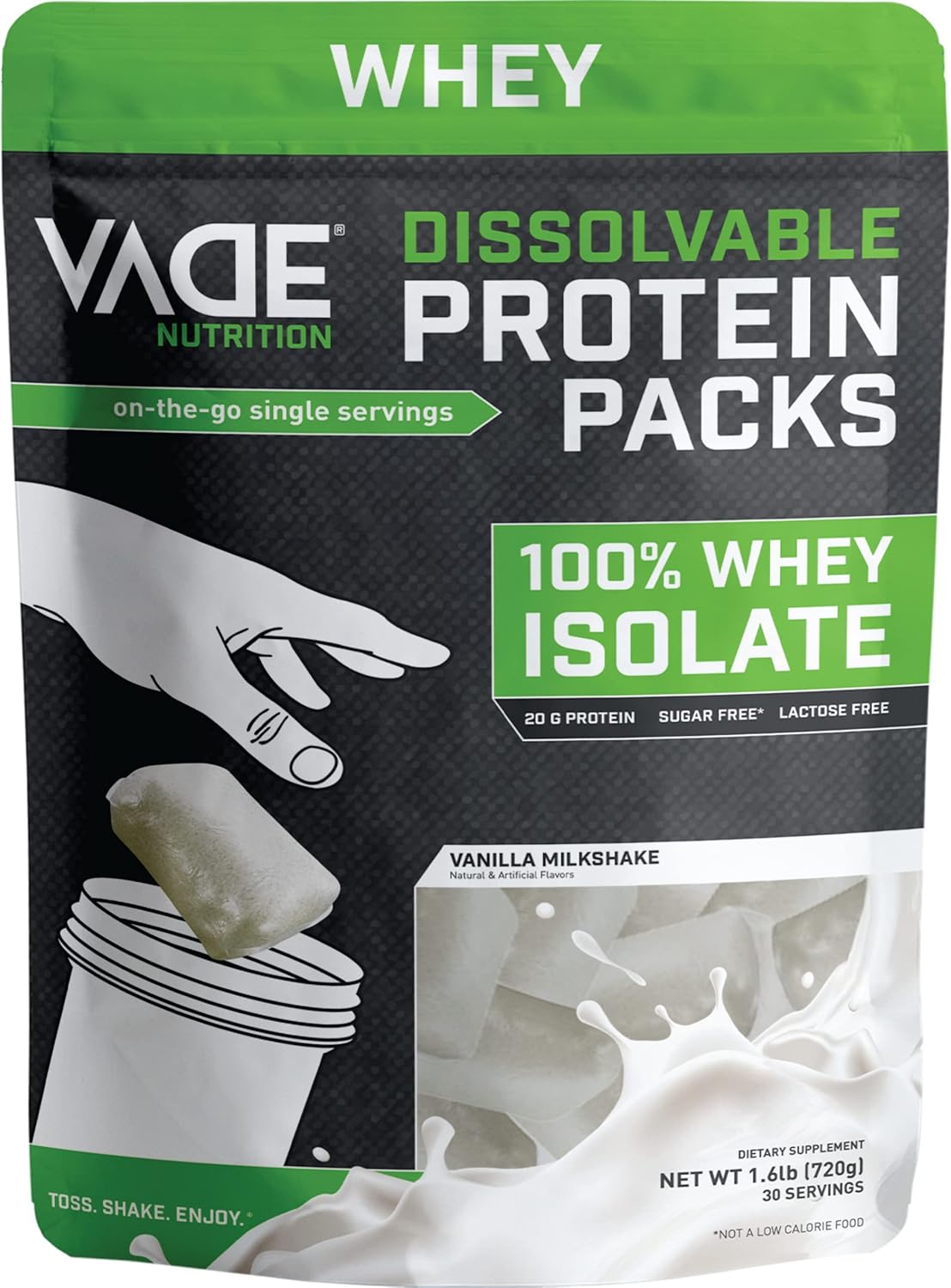 VADE Nutrition Dissolvable Protein Packs - Vanilla Milkshake Whey Isolate Powder - 30 Packets, Low Carb, Low Calorie