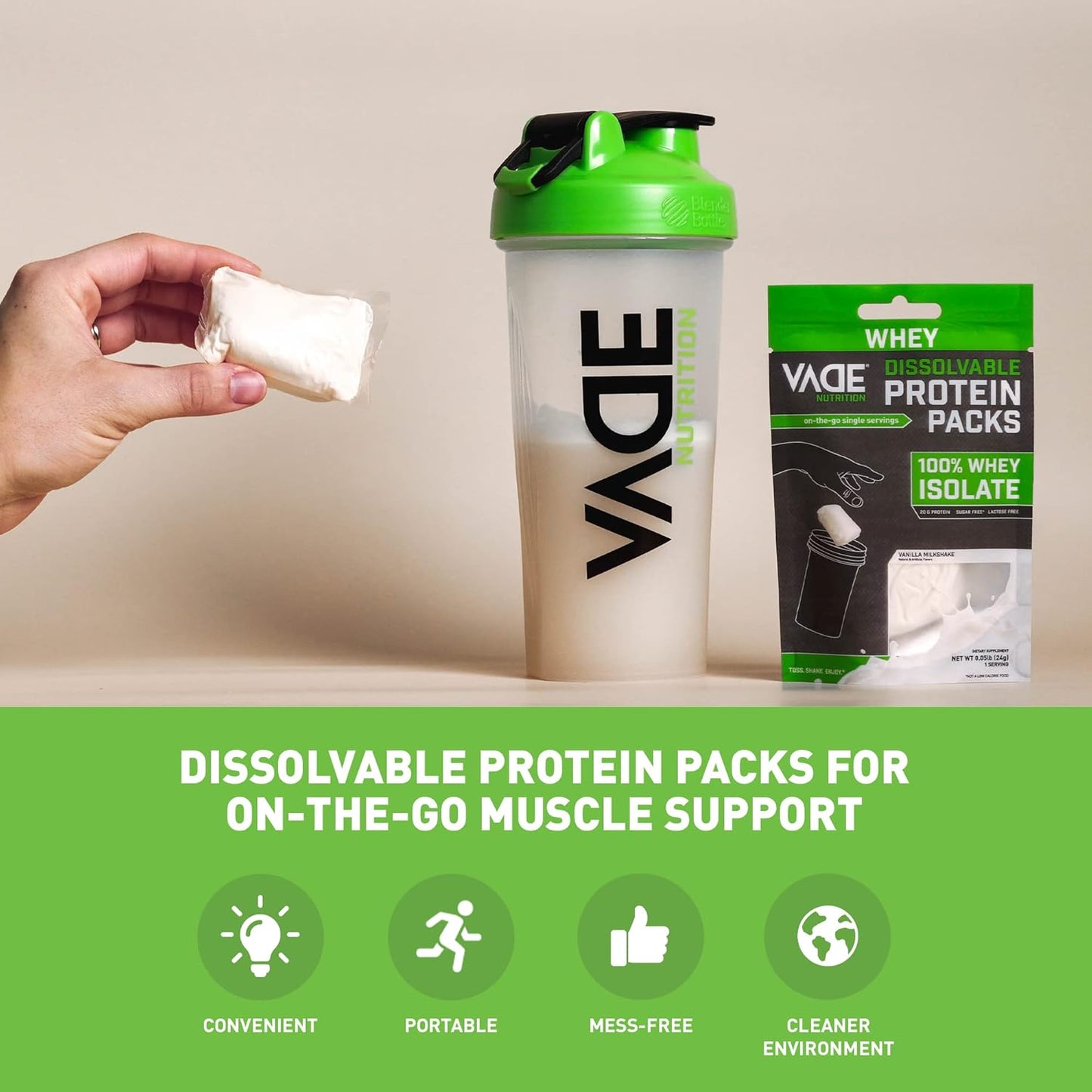 VADE Nutrition Dissolvable Protein Packs - Vanilla Milkshake Whey Isolate Powder - 30 Packets, Low Carb, Low Calorie