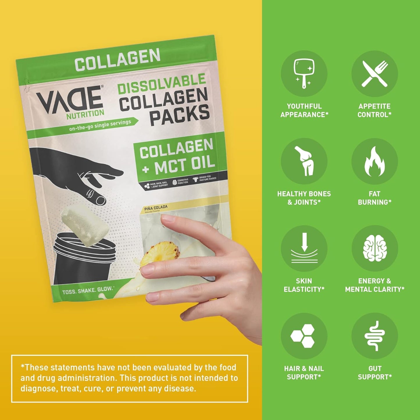 VADE Nutrition Keto Collagen Peptides Powder Packs with MCT Oil - Grass Fed Hydrolyzed Supplement for Hair Skin Nails Joints - Dairy & Gluten Free - 28 Packets (Piña Colada)