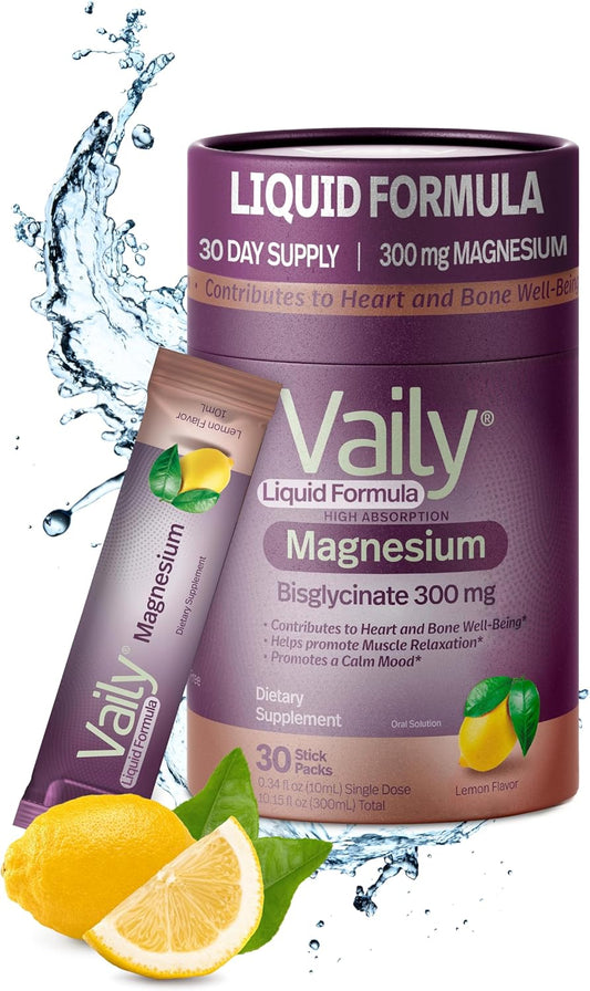 Vaily® Liquid Magnesium Bisglycinate Supplement 300mg - Lemon Flavor, 30PK - Enhanced Absorption for Heart & Bone Health, Sleep Support