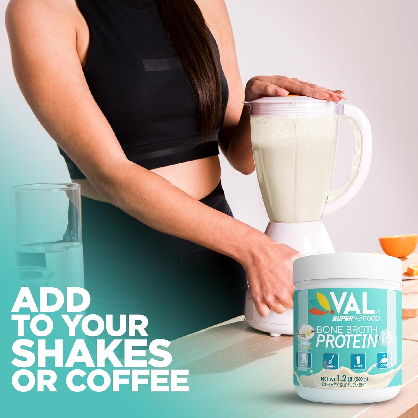 VAL Chicken Bone Broth Protein Powder with 22g Protein, 12g Collagen, 8g Inulin, Pea Protein & MCT Oil - Supports Healthy Skin, Gut Health, Joint Supplement - Gluten Free, 16 Servings